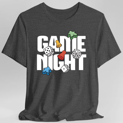 The same Game Night bold type design, on a dark heather t-shirt.
