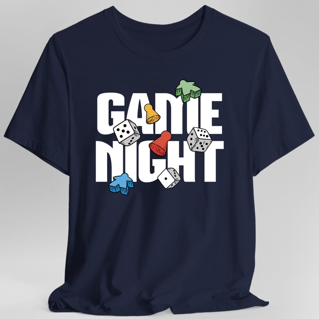 The same Game Night bold type design, on a navy t-shirt.