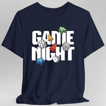 The same Game Night bold type design, on a navy t-shirt.