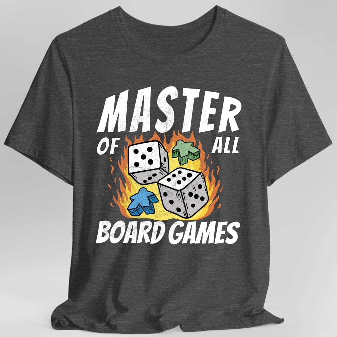 The same Master of All Board Games design, on a dark heather t-shirt.