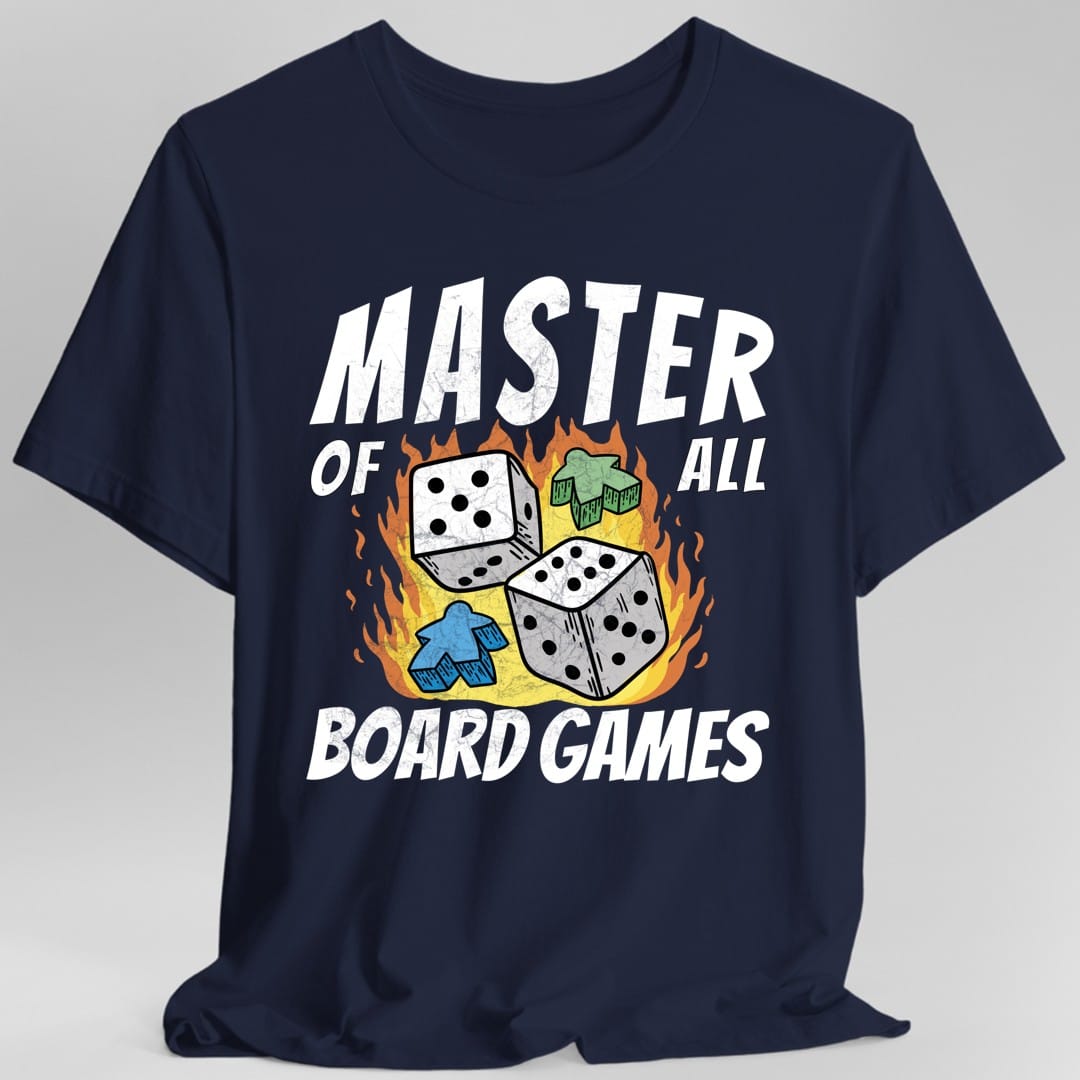 The same Master of All Board Games design, on a navy t-shirt.