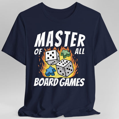 The same Master of All Board Games design, on a navy t-shirt.