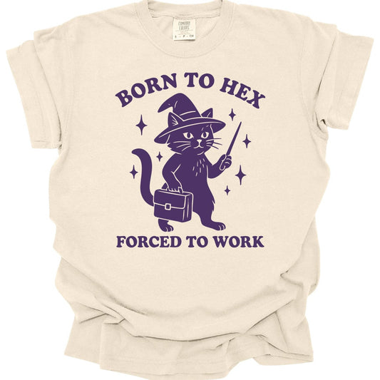 Printify T-Shirt Ivory / S Born to Hex Forced to Work Cat T-Shirt - Comfort Colors