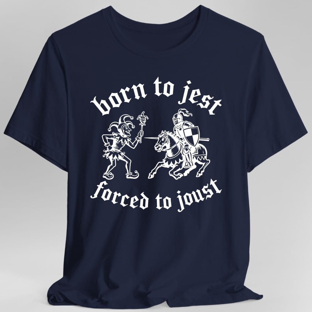 The same Born to Jest design, on a navy t-shirt.