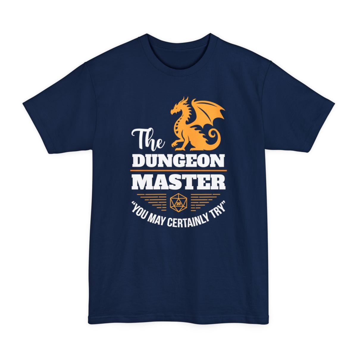 The same Dungeon Master dragon design, on a navy tall t-shirt.
