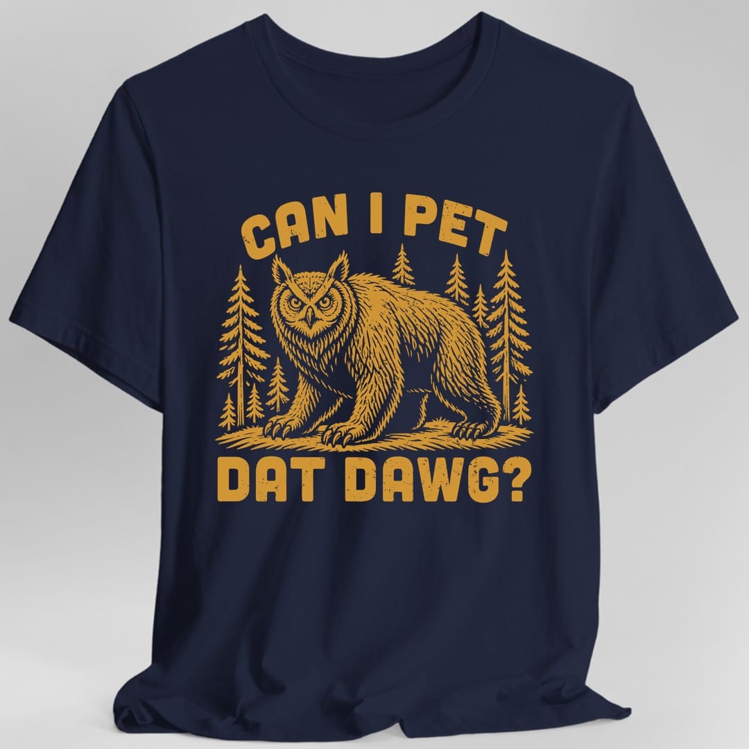 The same Can I Pet Dat Dawg owlbear design, on a navy t-shirt.