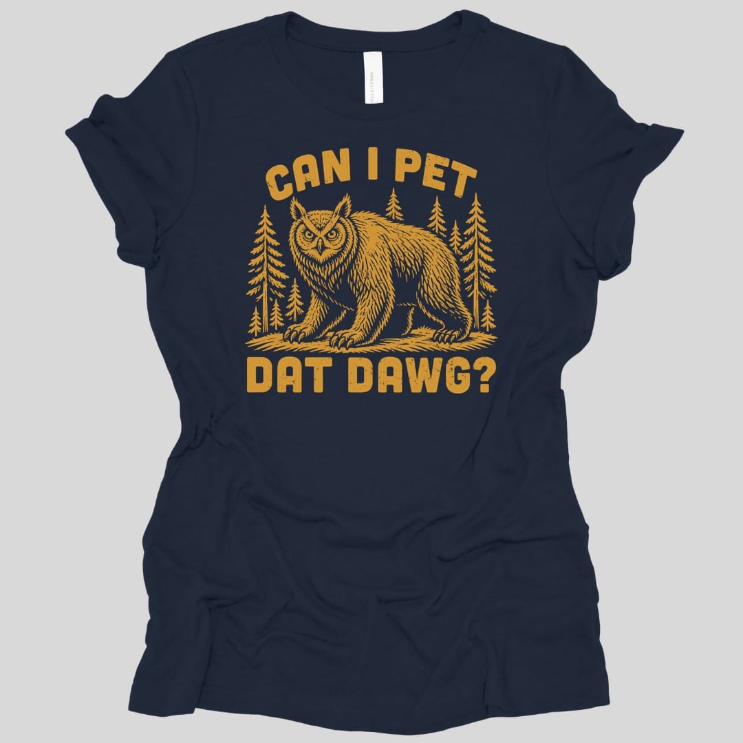 The same Can I Pet Dat Dawg owlbear design, on a navy women's t-shirt.