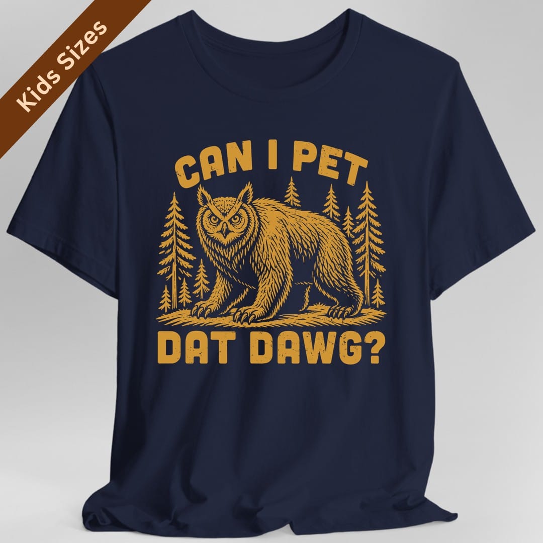 The same Can I Pet Dat Dawg owlbear design, on a navy kids t-shirt.