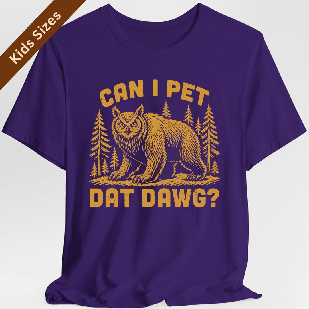 The same Can I Pet Dat Dawg owlbear design, on a purple kids t-shirt.