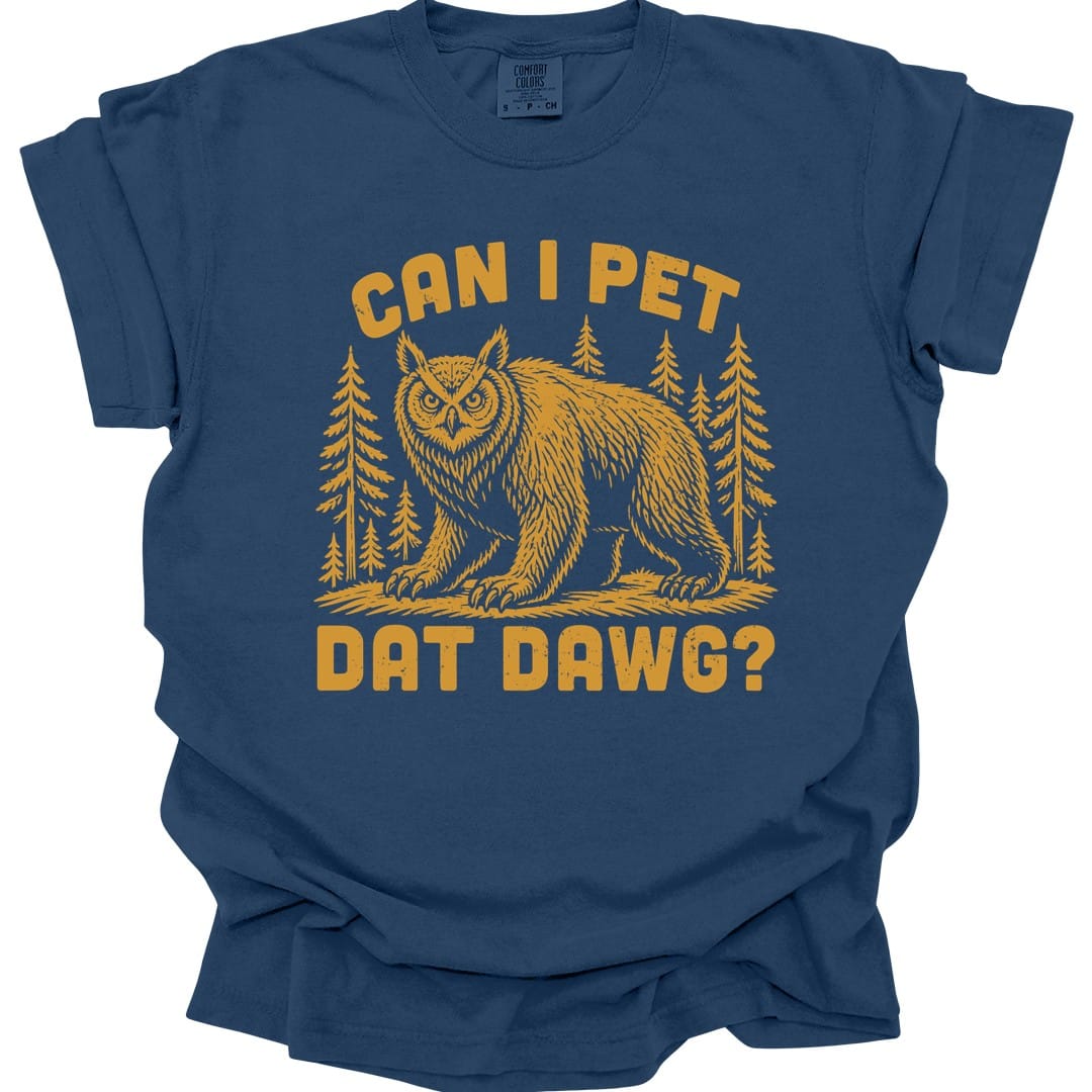 The same Can I Pet Dat Dawg owlbear design, on a true navy t-shirt.