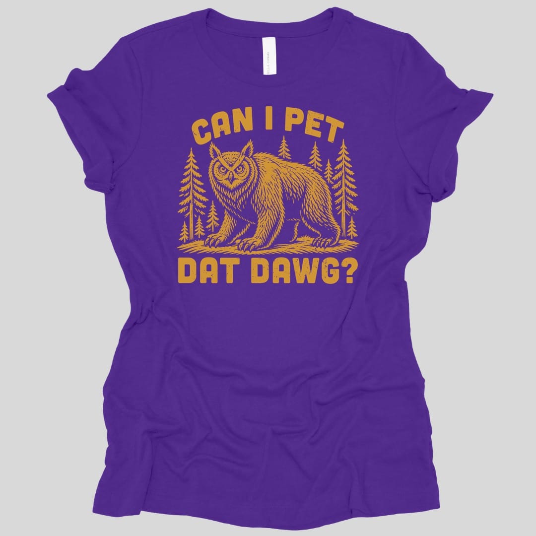 The same Can I Pet Dat Dawg owlbear design, on a team purple women's t-shirt.