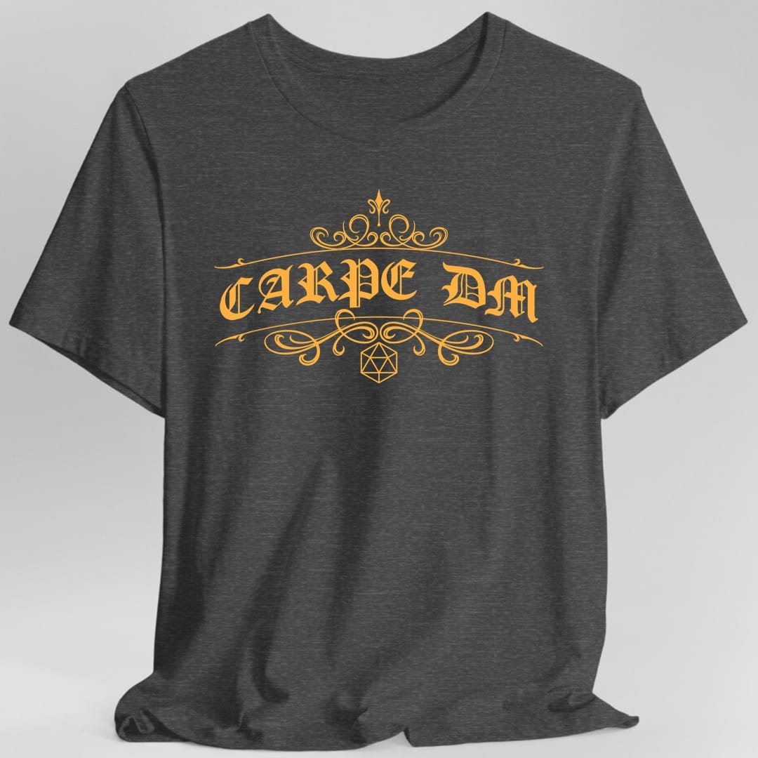 The same Carpe DM ornate design, on a dark heather t-shirt.