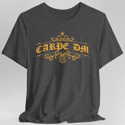 The same Carpe DM ornate design, on a dark heather t-shirt.