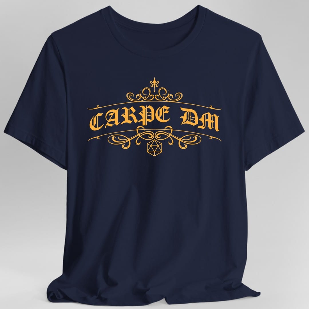 The same Carpe DM ornate design, on a navy t-shirt.