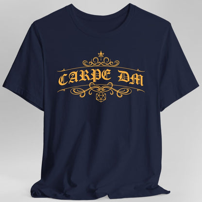 The same Carpe DM ornate design, on a navy t-shirt.
