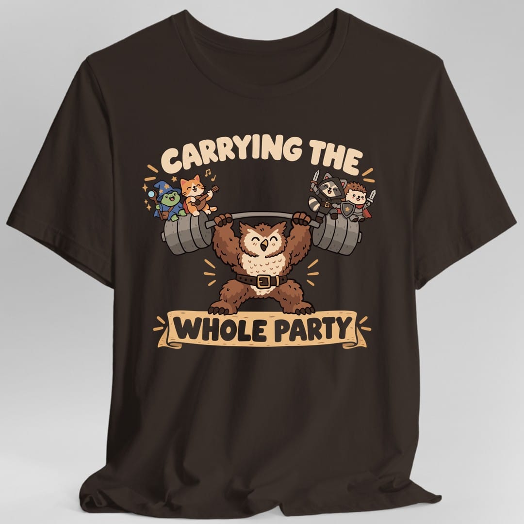 The same Carrying The Whole Party design, on a dark chocolate t-shirt.