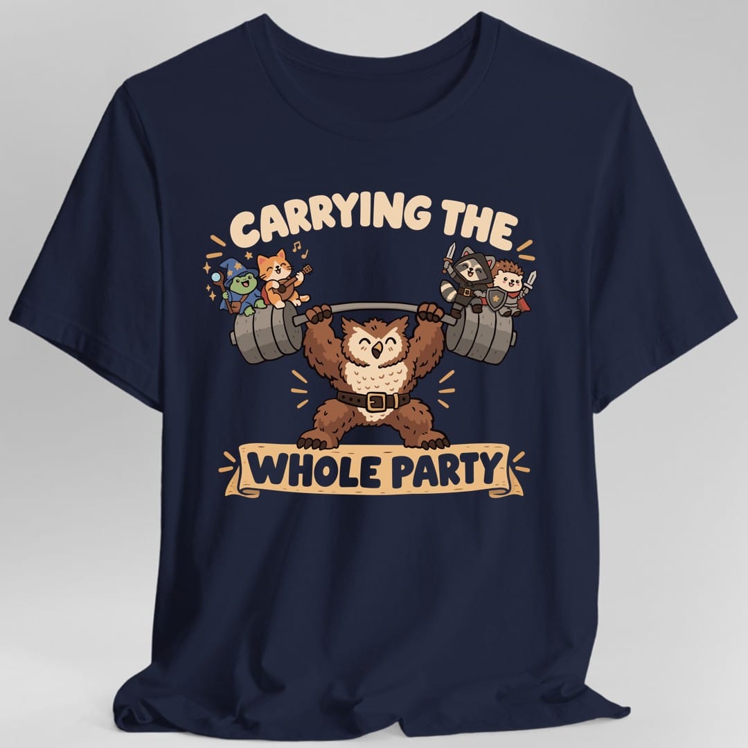 The same Carrying The Whole Party design, on a navy t-shirt.