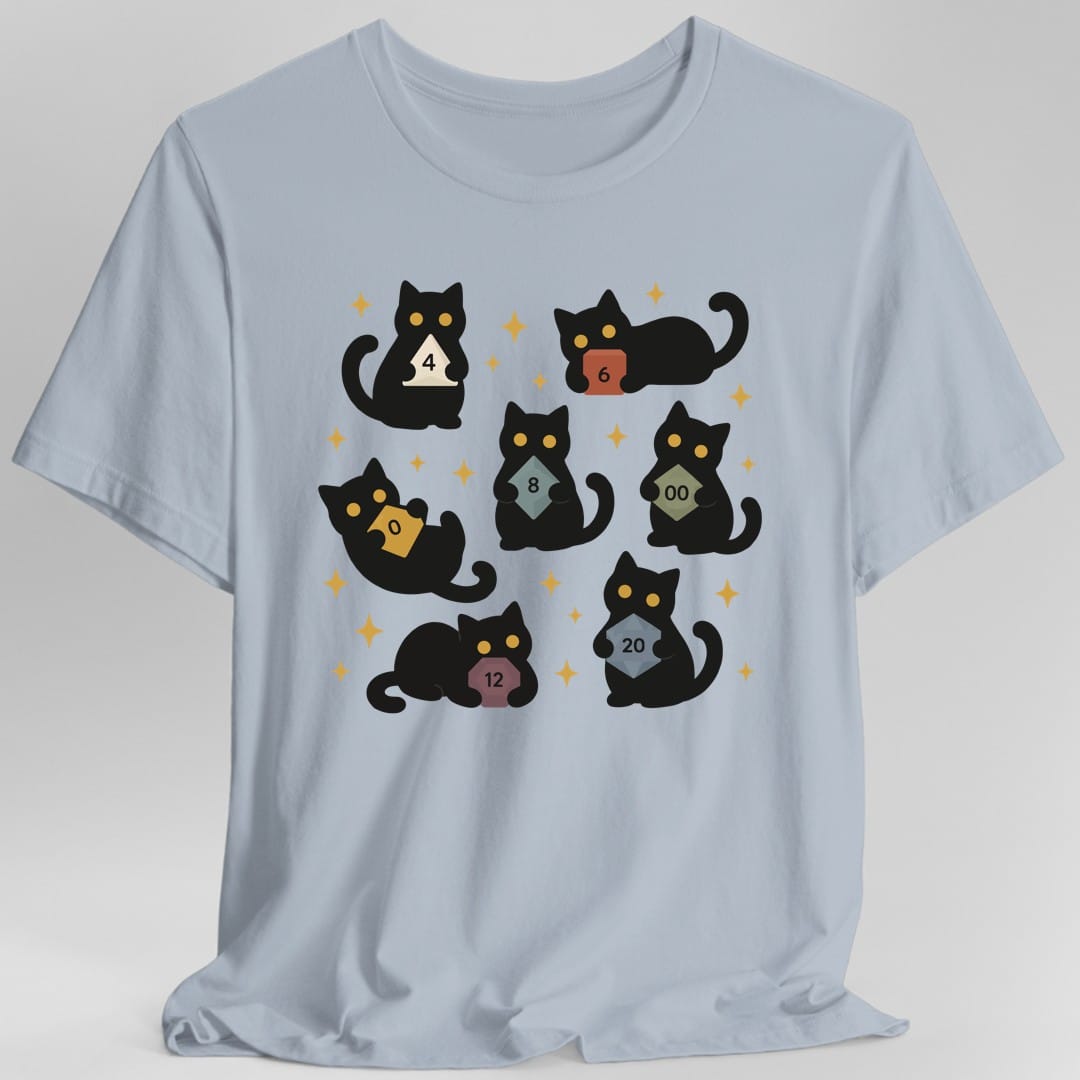 The same Cats with Dice design, on a light blue t-shirt.