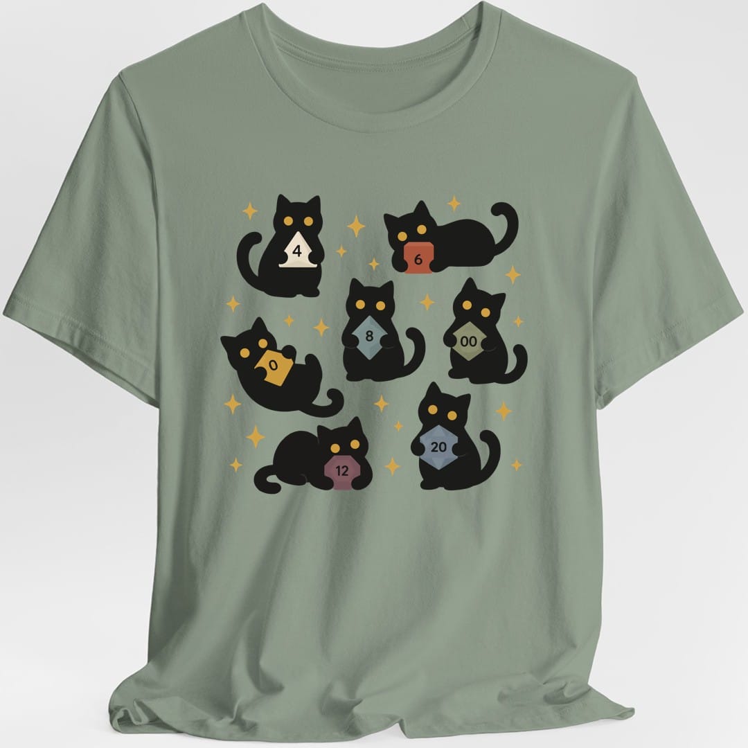 The same Cats with Dice design, on a sage t-shirt.
