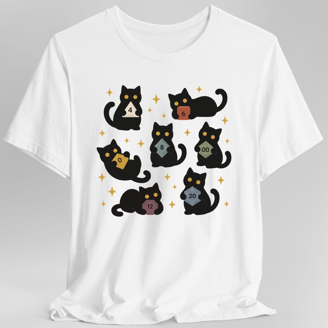 The same Cats with Dice design, on a white t-shirt.