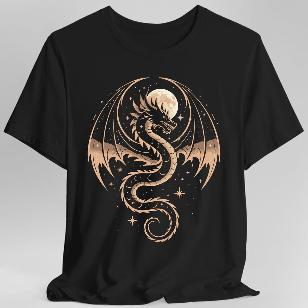 Black t-shirt. A long serpentine dragon coils in an S shape with its wings spread wide, its tail curling into a spiral at the bottom. A full moon sits behind its head, with small stars and sparkles scattered around. Fine line work in pale peach and cream. No words.