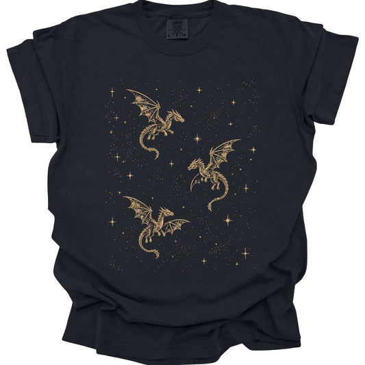 Printify T-Shirt Black / S Celestial Dragons and Stars T-shirt - Comfort Colors