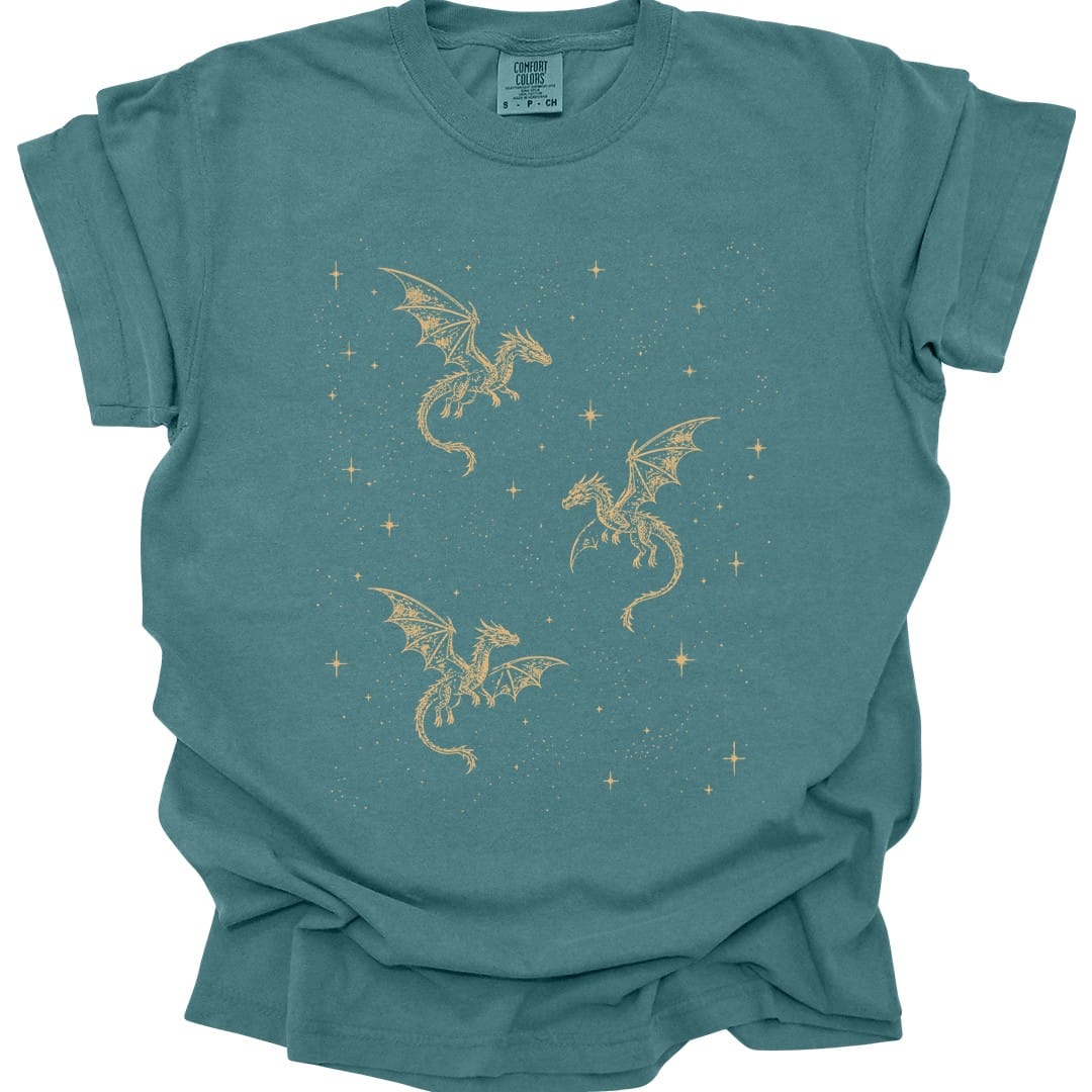 Printify T-Shirt Blue Spruce / S Celestial Dragons and Stars T-shirt - Comfort Colors