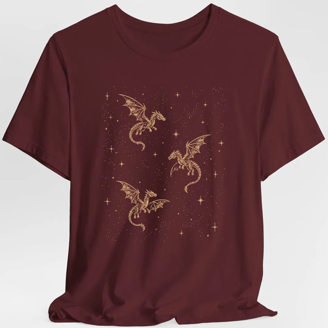 Printify T-Shirt Maroon / S Celestial Dragons and Stars T-Shirt