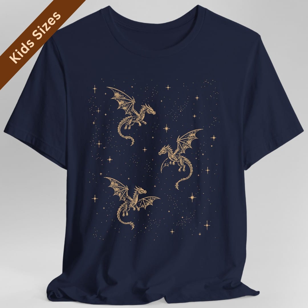 The same Celestial Dragons and Stars design, on a navy kids t-shirt.