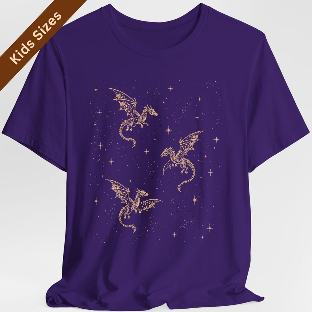 The same Celestial Dragons and Stars design, on a purple kids t-shirt.