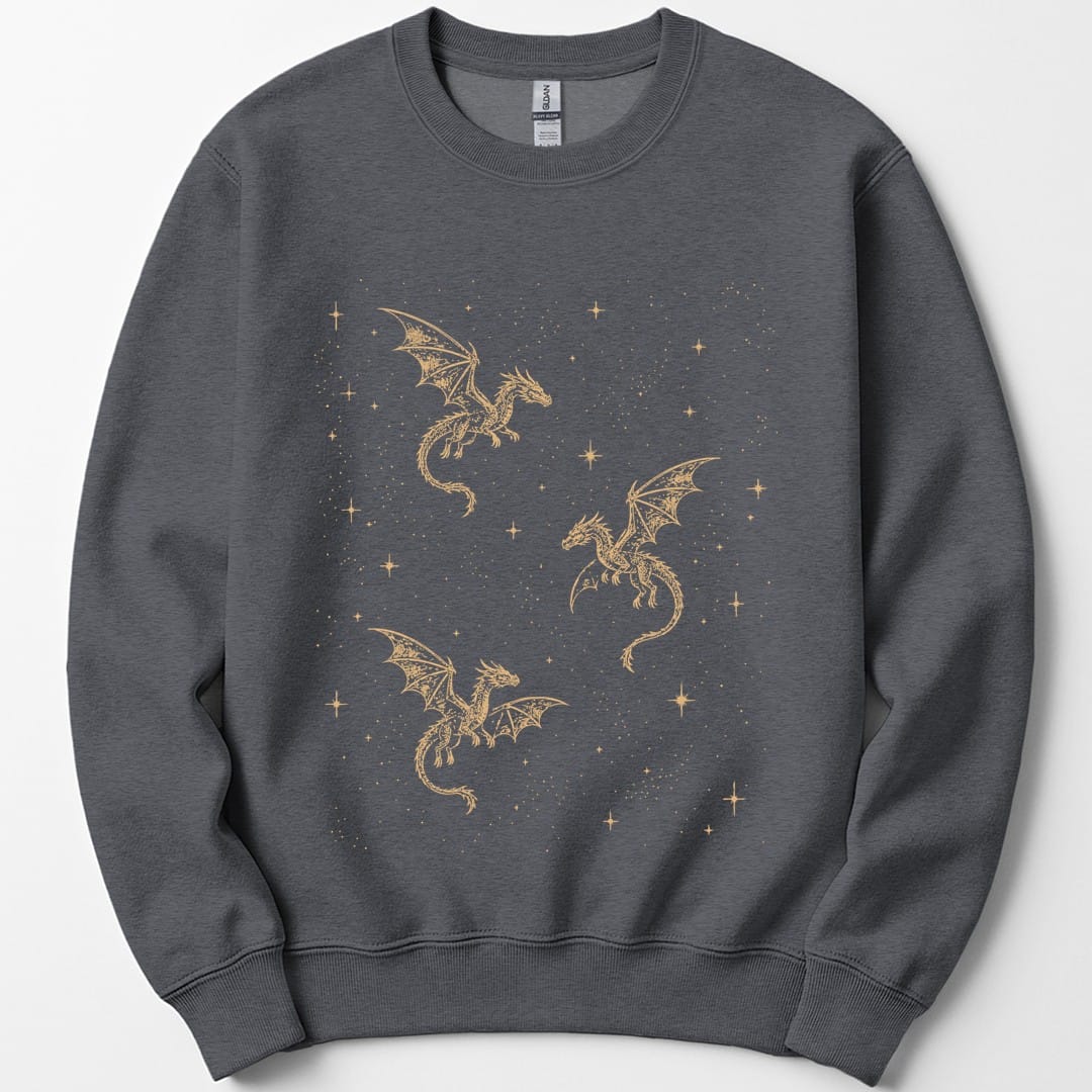 The same Celestial Dragons and Stars design, on a dark heather sweatshirt.