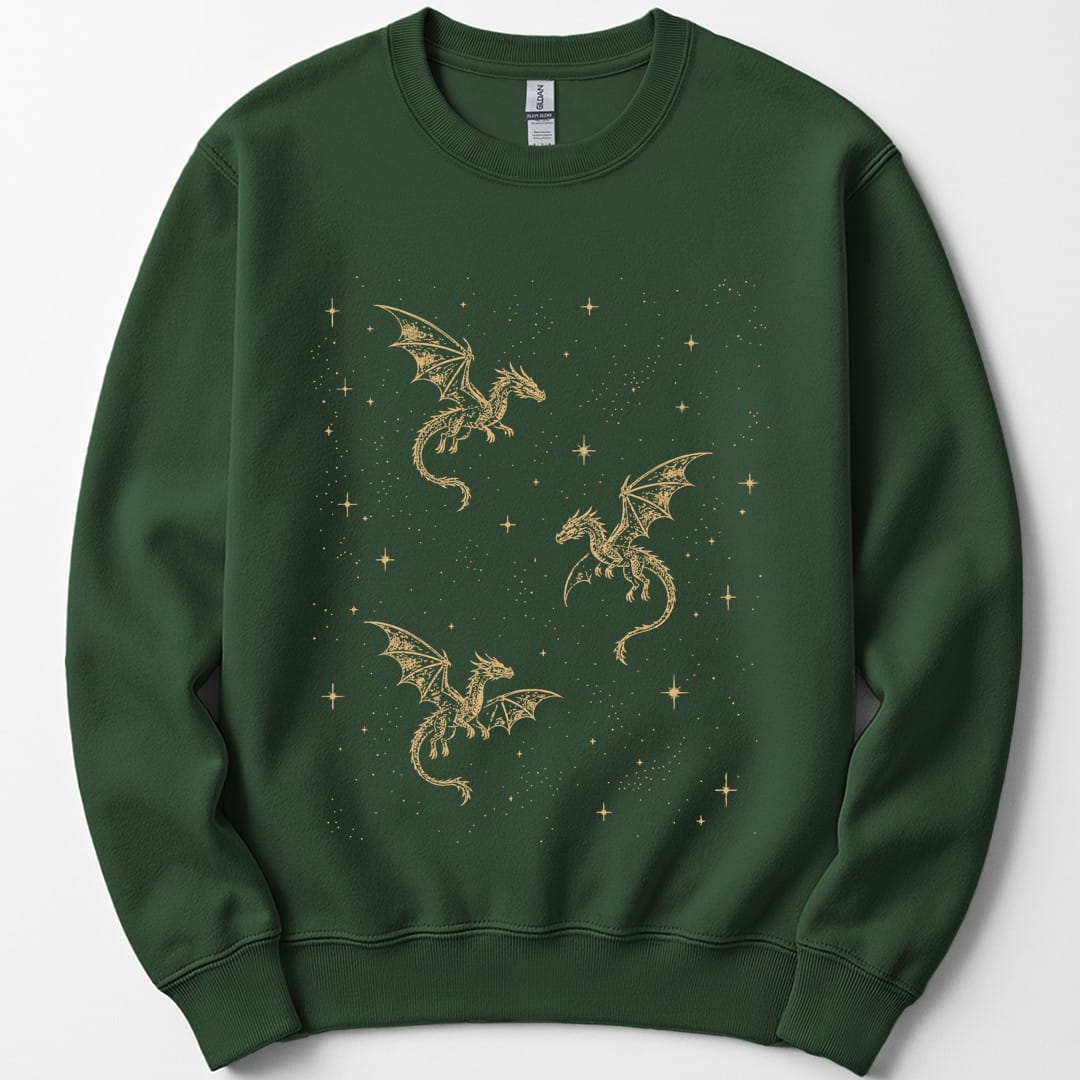 The same Celestial Dragons and Stars design, on a forest green sweatshirt.