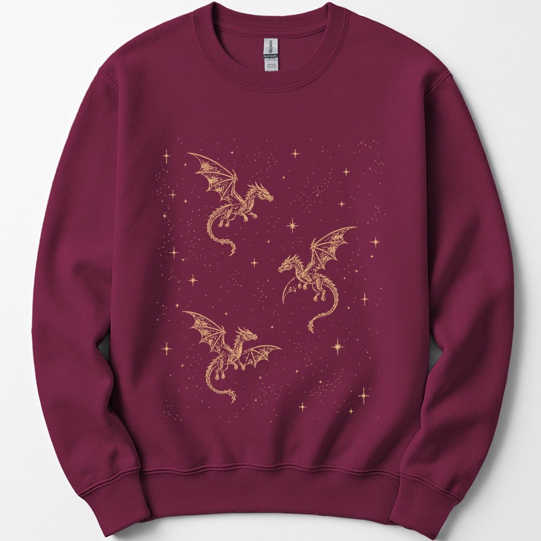 The same Celestial Dragons and Stars design, on a maroon sweatshirt.