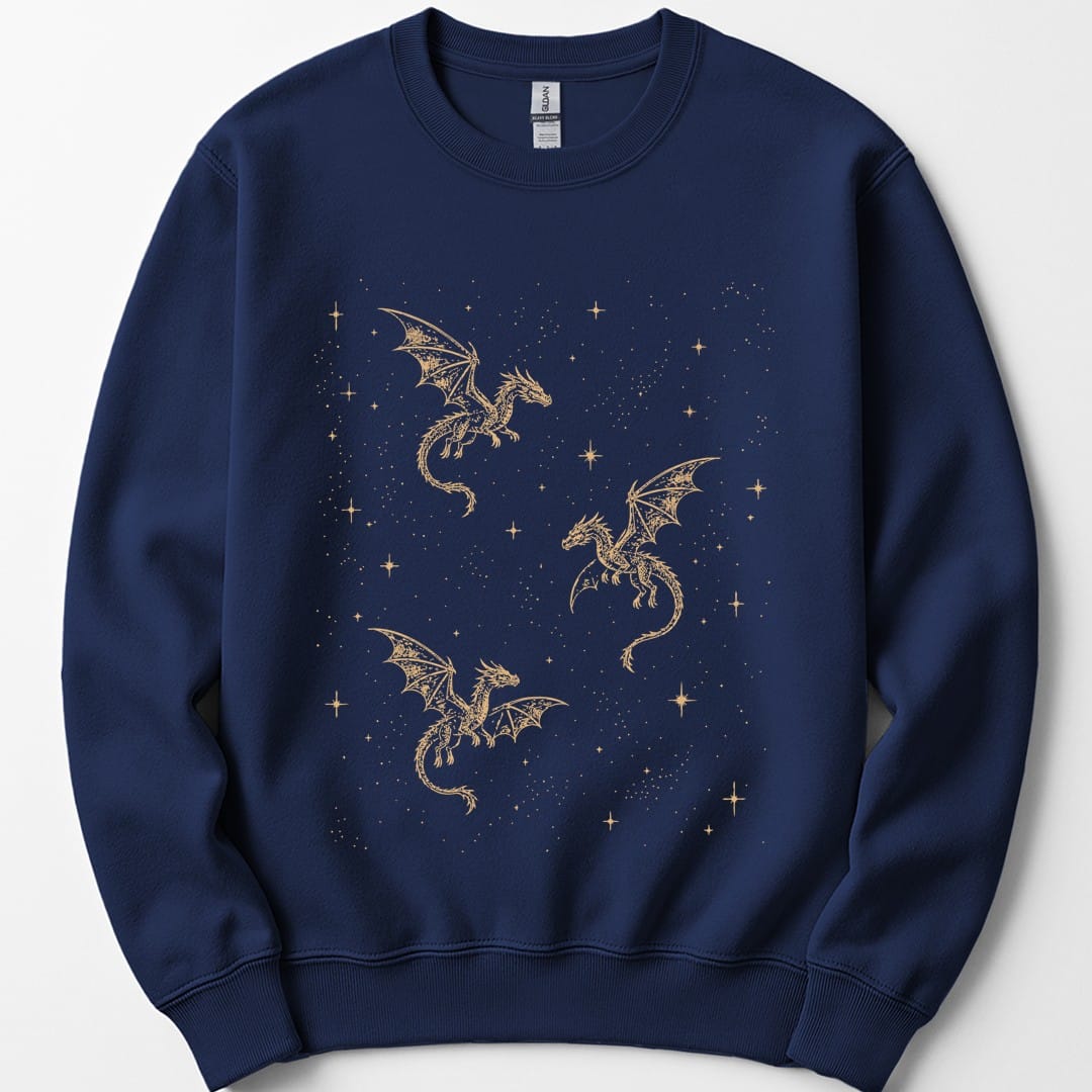The same Celestial Dragons and Stars design, on a navy sweatshirt.