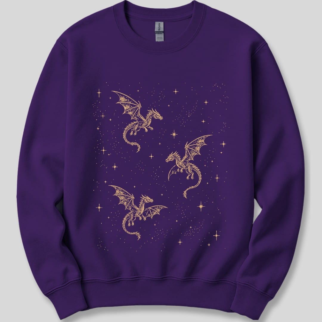 The same Celestial Dragons and Stars design, on a purple sweatshirt.