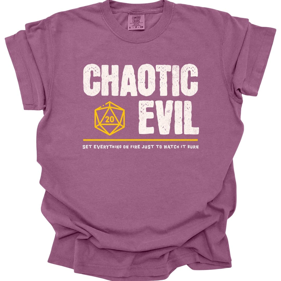 The same Chaotic Evil alignment design, on a berry t-shirt.