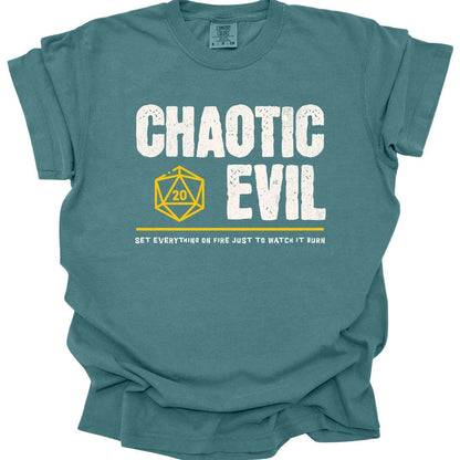 The same Chaotic Evil alignment design, on a blue spruce t-shirt.