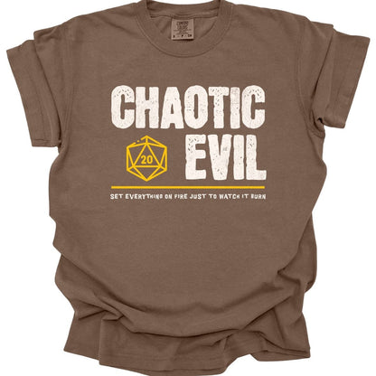 The same Chaotic Evil alignment design, on an espresso t-shirt.