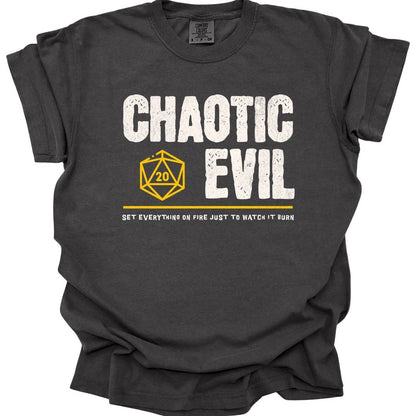 The same Chaotic Evil alignment design, on a pepper t-shirt.