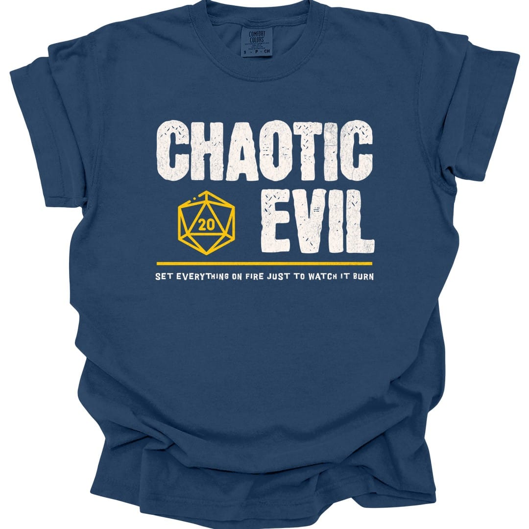 The same Chaotic Evil alignment design, on a true navy t-shirt.