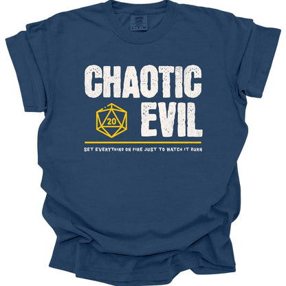 The same Chaotic Evil alignment design, on a true navy t-shirt.