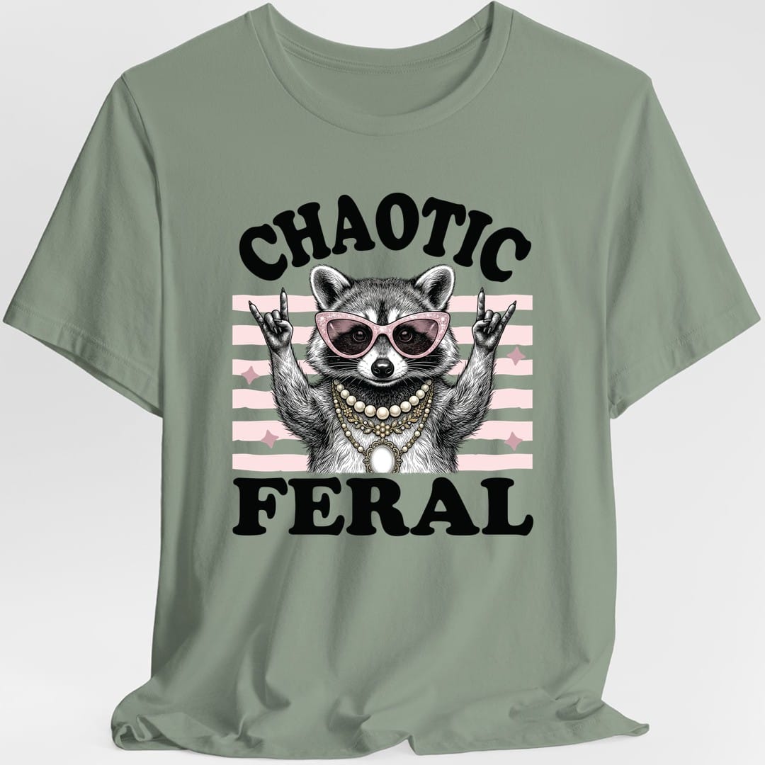 The same Chaotic Feral raccoon design, on a sage t-shirt.