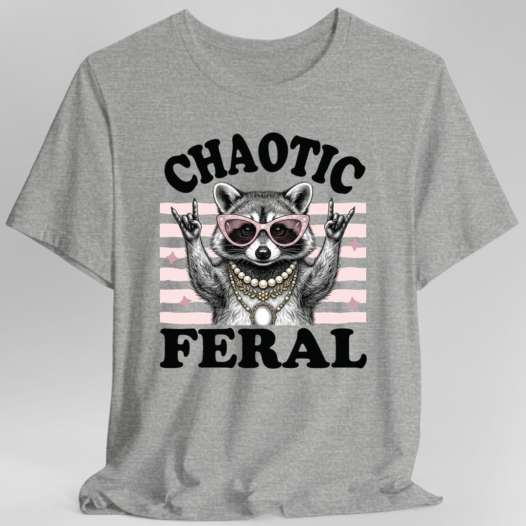 The same Chaotic Feral raccoon design, on a sport grey t-shirt.