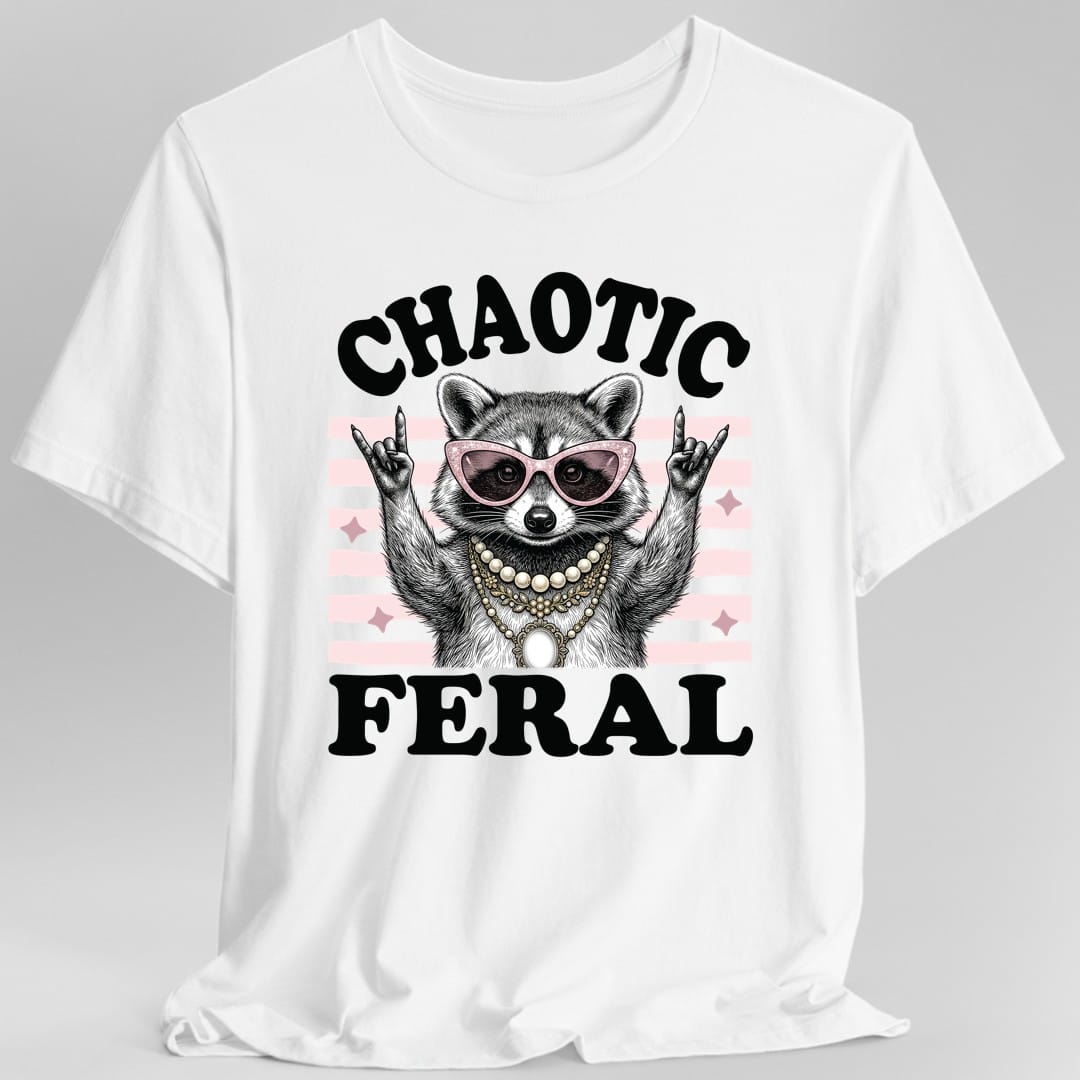 The same Chaotic Feral raccoon design, on a white t-shirt.