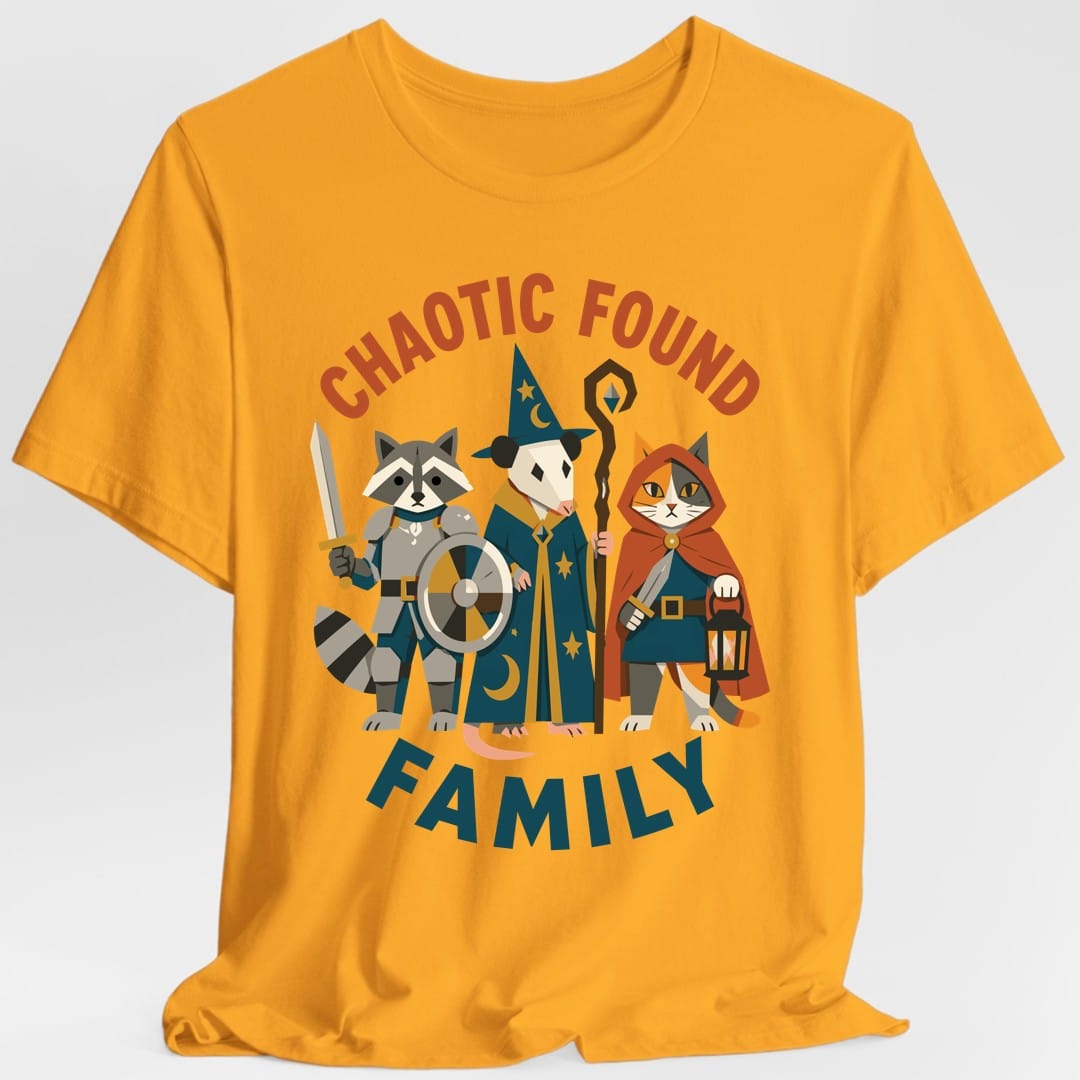 The same Chaotic Found Family design, on a gold t-shirt.