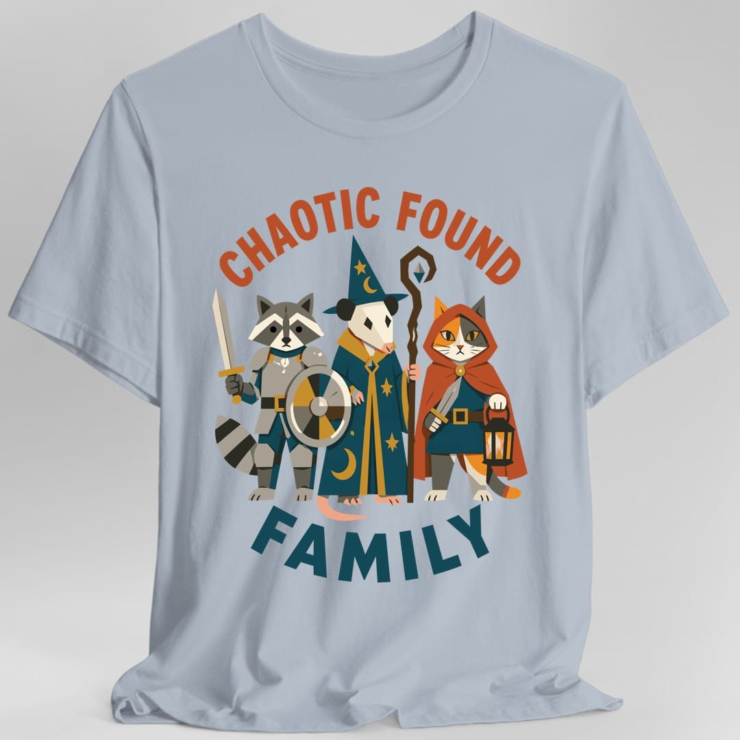 The same Chaotic Found Family design, on a light blue t-shirt.