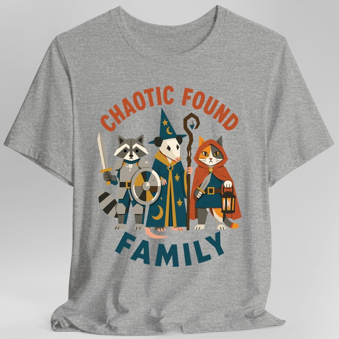 The same Chaotic Found Family design, on a sport grey t-shirt.