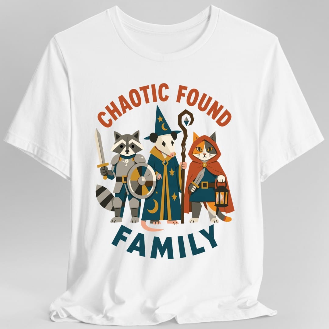 The same Chaotic Found Family design, on a white t-shirt.