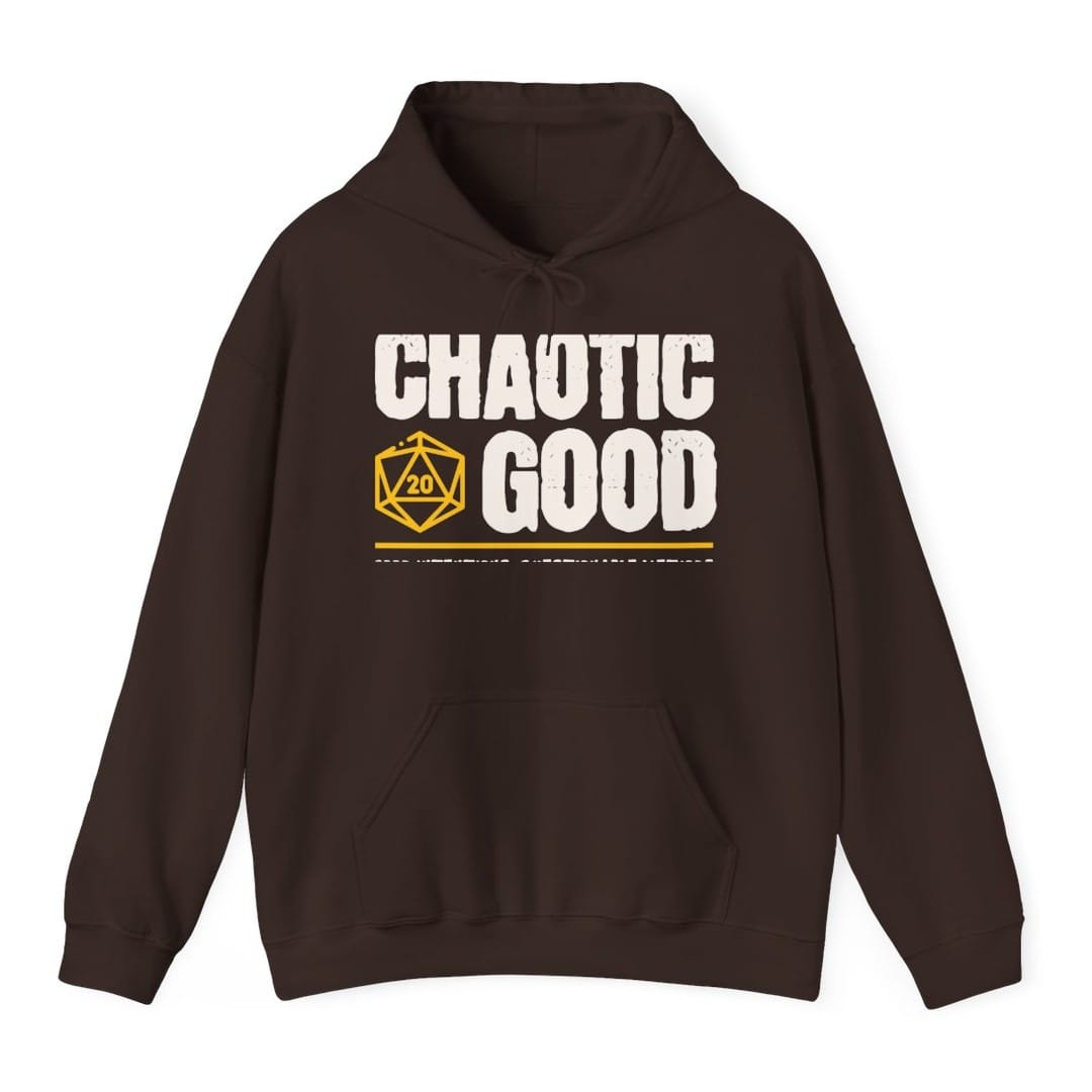 The same Chaotic Good design, on a dark chocolate hoodie.