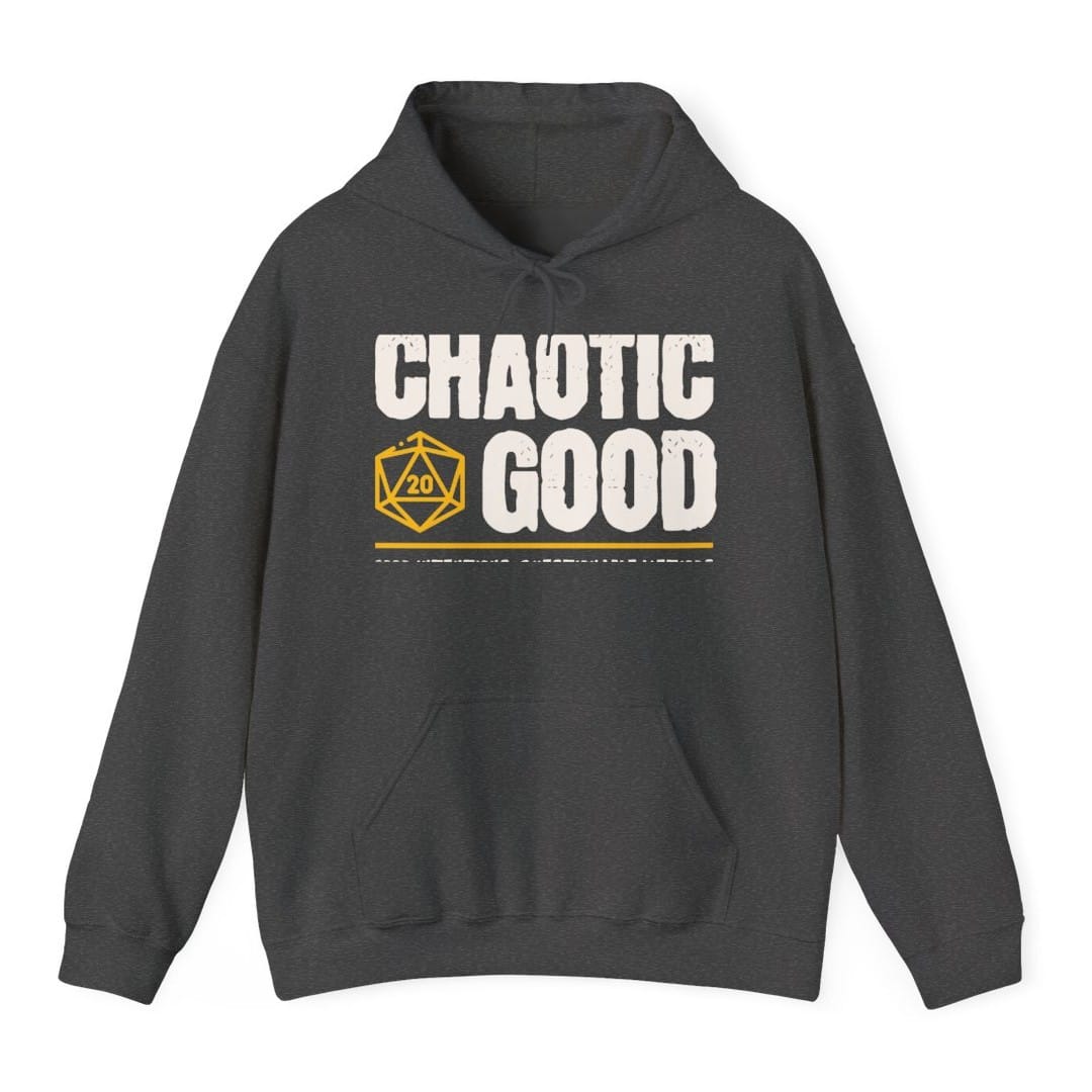 The same Chaotic Good design, on a dark heather hoodie.